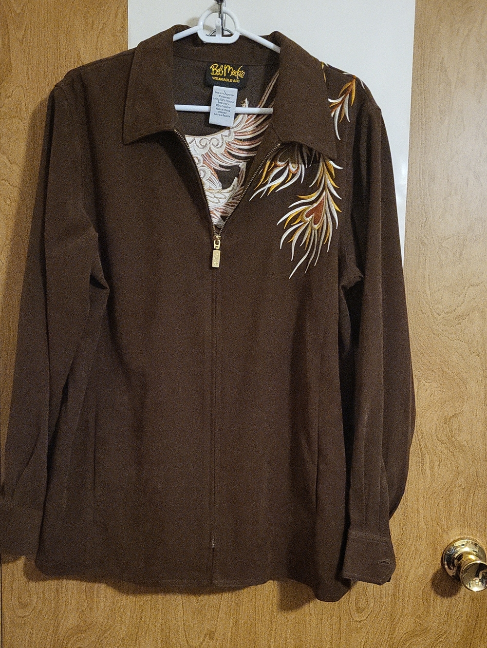 Bob Mackie Brown Zip-Front Jacket with Embroidered Shoulder Detail